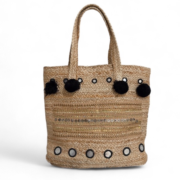 Muche Muchette 100% Jute Boho Pom Pom Extra-Large Beach Tote Bag - Picture 1 of 8